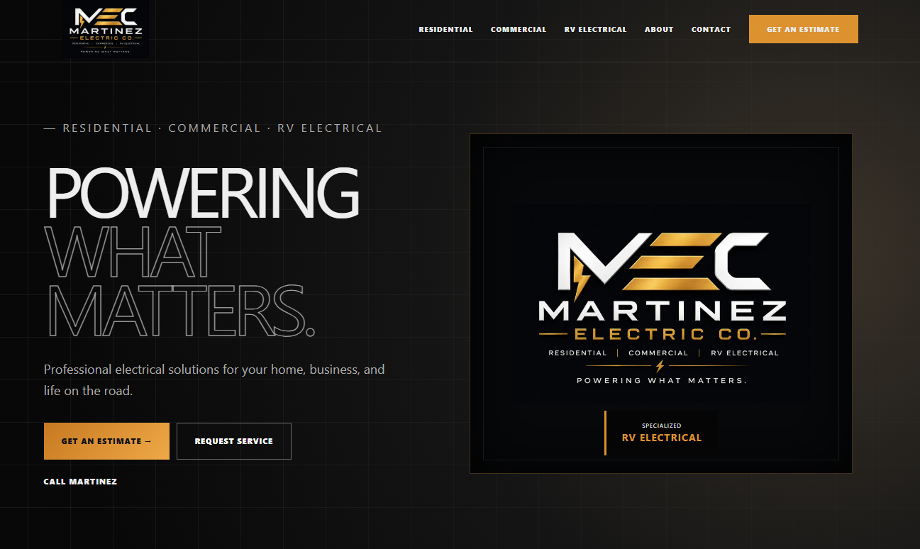 Martinez Electric Co. website example, featuring a black and gold design and clear service navigation